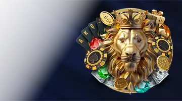 Graphic of a majestic lion adorned with a crown and surrounded by chips and cards, symbolizing the welcome bonus at Lev Gambling Platform for new players.