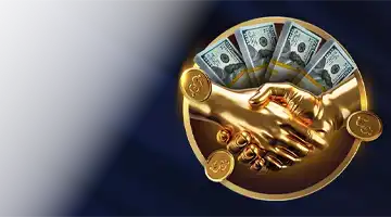 Graphic of a golden handshake with dollar bills, symbolizing the refer-a-friend bonus at Lev Internet Casino, highlighting mutual benefits.