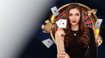 Image of a professional female dealer holding playing cards, set against a roulette wheel, promoting the live dealer bonus at Lev Internet Casino.