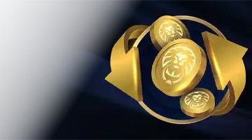 Illustration of rotating golden coins, featuring a lion symbol, representing the cashback bonus at Lev Internet Casino, symbolizing the return of funds.