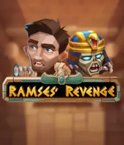 Uncover the ancient world of the Ramses' Revenge game by Relax Gaming, showcasing a surprised explorer and a terrifying mummy against an Egyptian tomb backdrop. This graphic portrays the drama of ancient Egyptian myths, perfect for adventure seekers, delivering a gripping adventure. 